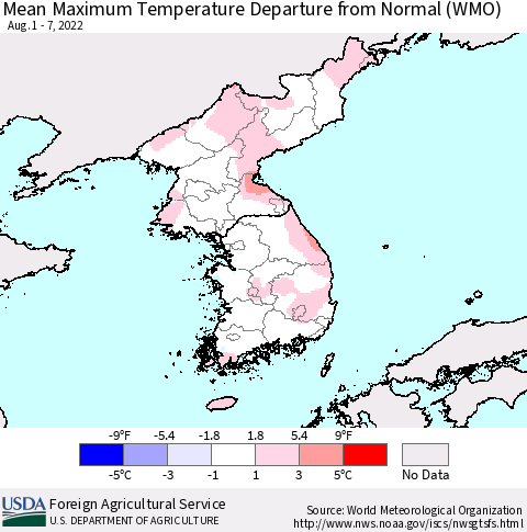 Korea Mean Maximum Temperature Departure from Normal (WMO) Thematic Map For 8/1/2022 - 8/7/2022