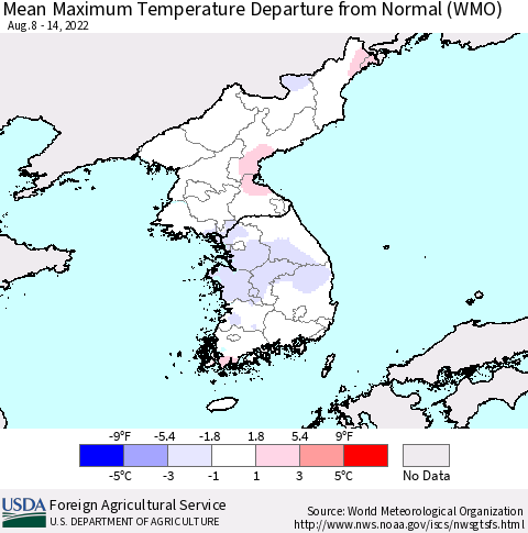 Korea Mean Maximum Temperature Departure from Normal (WMO) Thematic Map For 8/8/2022 - 8/14/2022