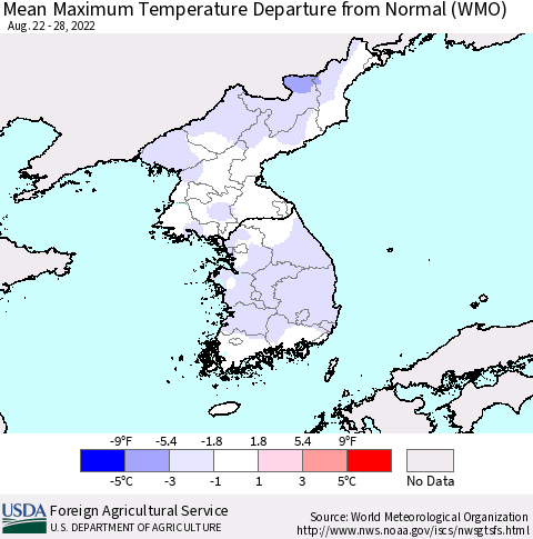 Korea Mean Maximum Temperature Departure from Normal (WMO) Thematic Map For 8/22/2022 - 8/28/2022