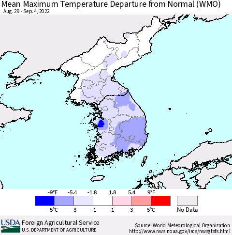Korea Mean Maximum Temperature Departure from Normal (WMO) Thematic Map For 8/29/2022 - 9/4/2022