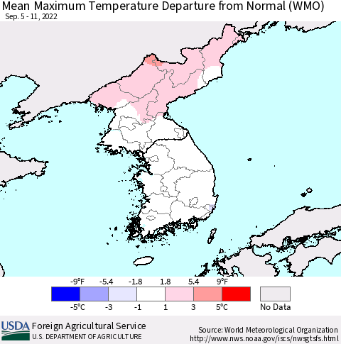 Korea Mean Maximum Temperature Departure from Normal (WMO) Thematic Map For 9/5/2022 - 9/11/2022