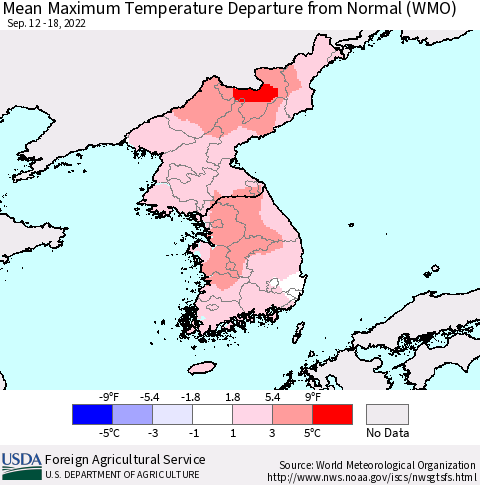 Korea Mean Maximum Temperature Departure from Normal (WMO) Thematic Map For 9/12/2022 - 9/18/2022