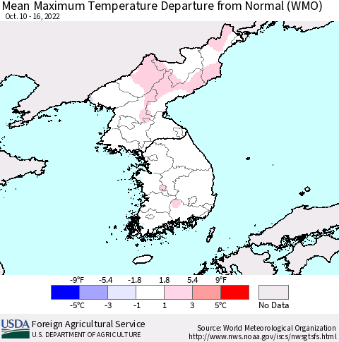 Korea Mean Maximum Temperature Departure from Normal (WMO) Thematic Map For 10/10/2022 - 10/16/2022
