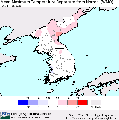 Korea Mean Maximum Temperature Departure from Normal (WMO) Thematic Map For 10/17/2022 - 10/23/2022