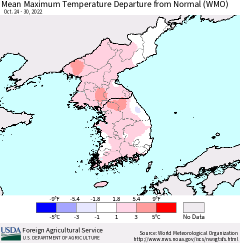Korea Mean Maximum Temperature Departure from Normal (WMO) Thematic Map For 10/24/2022 - 10/30/2022
