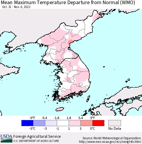 Korea Mean Maximum Temperature Departure from Normal (WMO) Thematic Map For 10/31/2022 - 11/6/2022