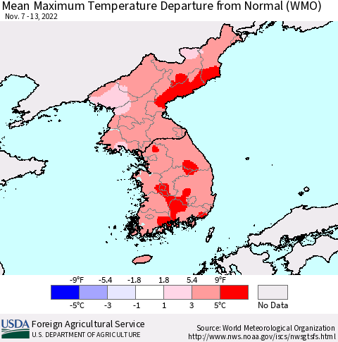 Korea Mean Maximum Temperature Departure from Normal (WMO) Thematic Map For 11/7/2022 - 11/13/2022