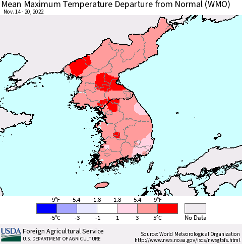 Korea Mean Maximum Temperature Departure from Normal (WMO) Thematic Map For 11/14/2022 - 11/20/2022