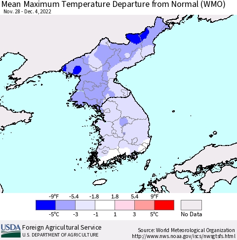 Korea Mean Maximum Temperature Departure from Normal (WMO) Thematic Map For 11/28/2022 - 12/4/2022