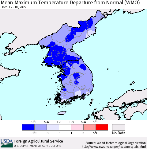 Korea Mean Maximum Temperature Departure from Normal (WMO) Thematic Map For 12/12/2022 - 12/18/2022