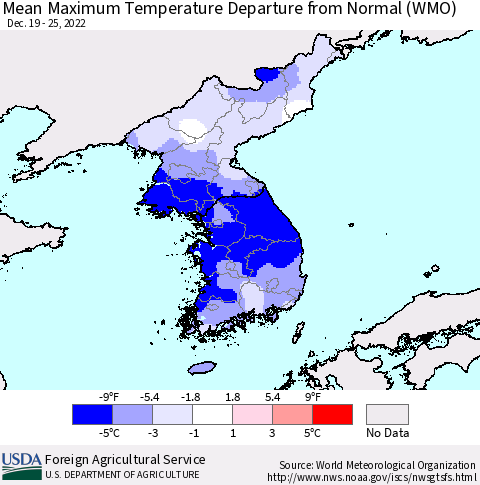 Korea Mean Maximum Temperature Departure from Normal (WMO) Thematic Map For 12/19/2022 - 12/25/2022