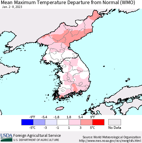 Korea Mean Maximum Temperature Departure from Normal (WMO) Thematic Map For 1/2/2023 - 1/8/2023