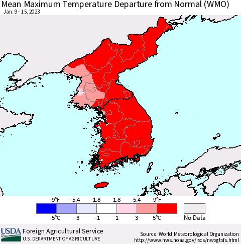 Korea Mean Maximum Temperature Departure from Normal (WMO) Thematic Map For 1/9/2023 - 1/15/2023