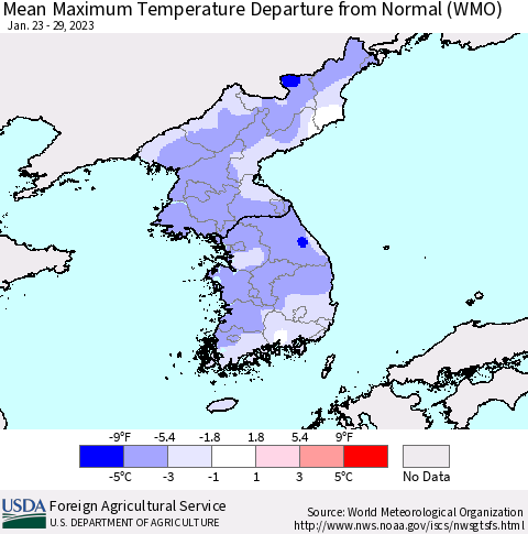 Korea Mean Maximum Temperature Departure from Normal (WMO) Thematic Map For 1/23/2023 - 1/29/2023