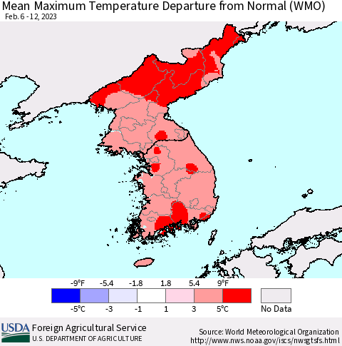 Korea Mean Maximum Temperature Departure from Normal (WMO) Thematic Map For 2/6/2023 - 2/12/2023