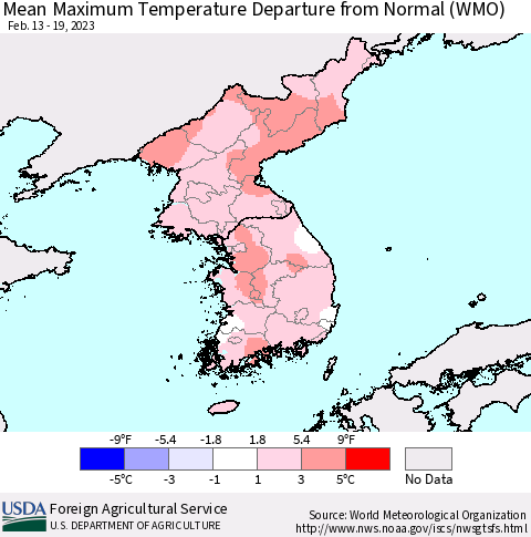Korea Mean Maximum Temperature Departure from Normal (WMO) Thematic Map For 2/13/2023 - 2/19/2023
