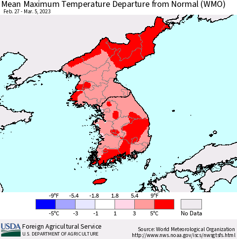 Korea Mean Maximum Temperature Departure from Normal (WMO) Thematic Map For 2/27/2023 - 3/5/2023