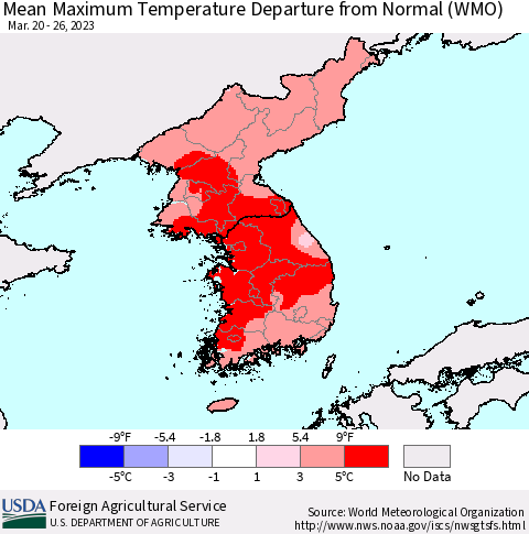 Korea Mean Maximum Temperature Departure from Normal (WMO) Thematic Map For 3/20/2023 - 3/26/2023