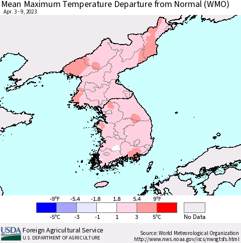 Korea Mean Maximum Temperature Departure from Normal (WMO) Thematic Map For 4/3/2023 - 4/9/2023