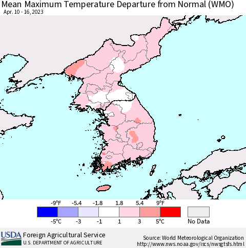 Korea Mean Maximum Temperature Departure from Normal (WMO) Thematic Map For 4/10/2023 - 4/16/2023