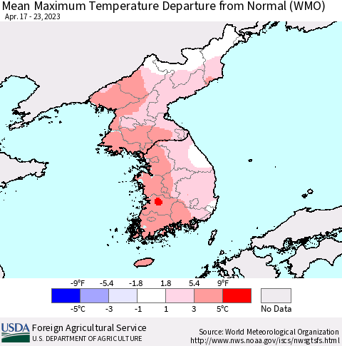 Korea Mean Maximum Temperature Departure from Normal (WMO) Thematic Map For 4/17/2023 - 4/23/2023