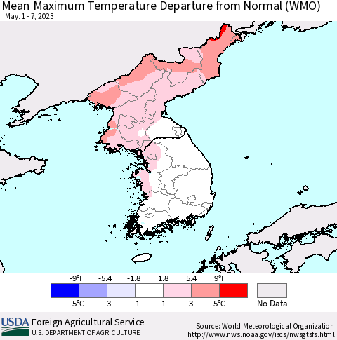 Korea Mean Maximum Temperature Departure from Normal (WMO) Thematic Map For 5/1/2023 - 5/7/2023