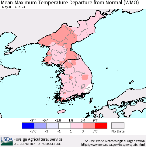 Korea Mean Maximum Temperature Departure from Normal (WMO) Thematic Map For 5/8/2023 - 5/14/2023