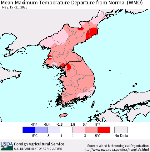 Korea Mean Maximum Temperature Departure from Normal (WMO) Thematic Map For 5/15/2023 - 5/21/2023