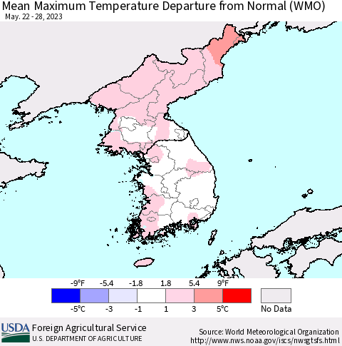 Korea Mean Maximum Temperature Departure from Normal (WMO) Thematic Map For 5/22/2023 - 5/28/2023