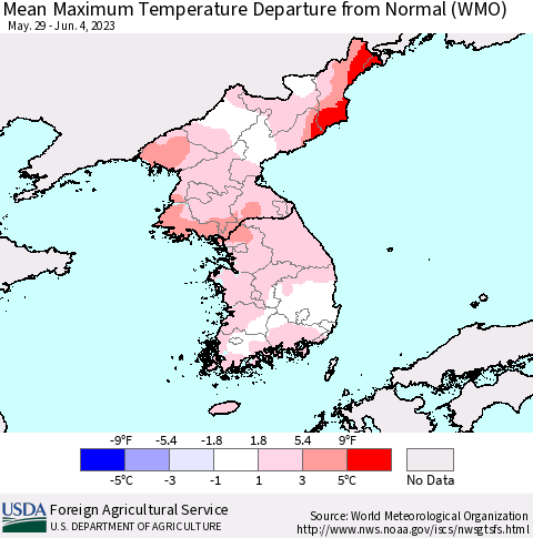 Korea Mean Maximum Temperature Departure from Normal (WMO) Thematic Map For 5/29/2023 - 6/4/2023