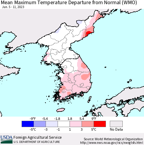Korea Mean Maximum Temperature Departure from Normal (WMO) Thematic Map For 6/5/2023 - 6/11/2023