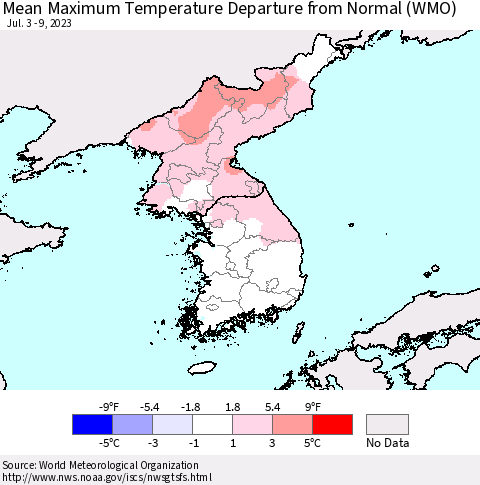 Korea Mean Maximum Temperature Departure from Normal (WMO) Thematic Map For 7/3/2023 - 7/9/2023