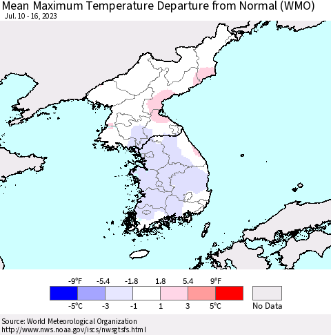 Korea Mean Maximum Temperature Departure from Normal (WMO) Thematic Map For 7/10/2023 - 7/16/2023