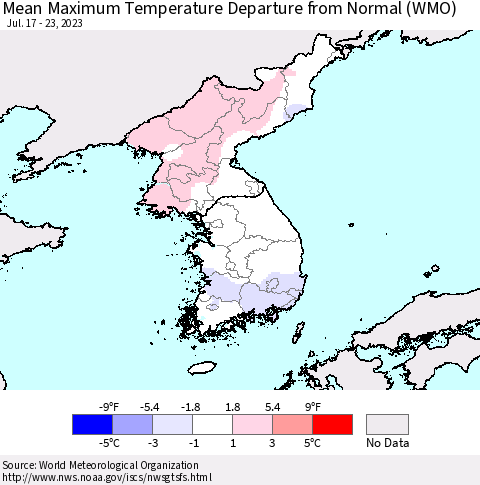 Korea Mean Maximum Temperature Departure from Normal (WMO) Thematic Map For 7/17/2023 - 7/23/2023
