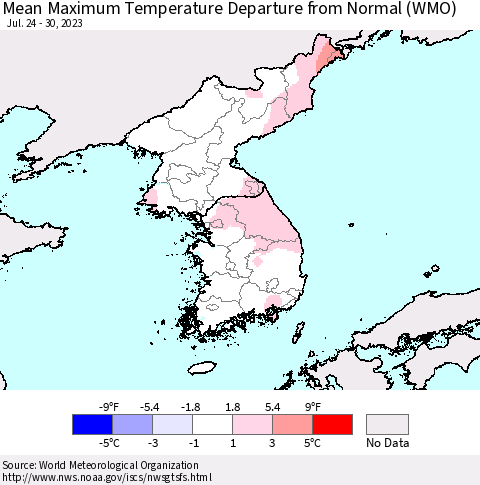 Korea Mean Maximum Temperature Departure from Normal (WMO) Thematic Map For 7/24/2023 - 7/30/2023