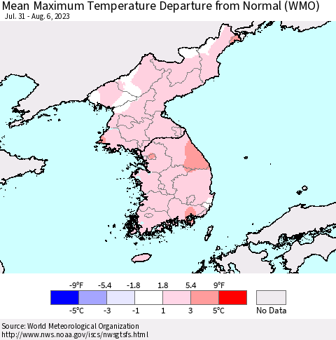 Korea Mean Maximum Temperature Departure from Normal (WMO) Thematic Map For 7/31/2023 - 8/6/2023