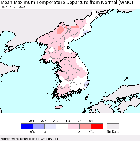 Korea Mean Maximum Temperature Departure from Normal (WMO) Thematic Map For 8/14/2023 - 8/20/2023
