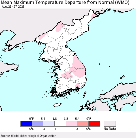 Korea Mean Maximum Temperature Departure from Normal (WMO) Thematic Map For 8/21/2023 - 8/27/2023