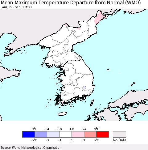 Korea Mean Maximum Temperature Departure from Normal (WMO) Thematic Map For 8/28/2023 - 9/3/2023
