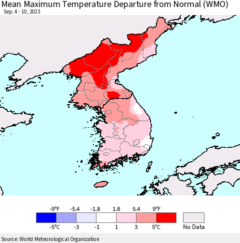 Korea Mean Maximum Temperature Departure from Normal (WMO) Thematic Map For 9/4/2023 - 9/10/2023