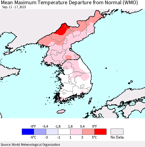 Korea Mean Maximum Temperature Departure from Normal (WMO) Thematic Map For 9/11/2023 - 9/17/2023