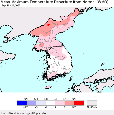 Korea Mean Maximum Temperature Departure from Normal (WMO) Thematic Map For 9/18/2023 - 9/24/2023