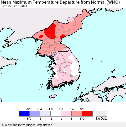 Korea Mean Maximum Temperature Departure from Normal (WMO) Thematic Map For 9/25/2023 - 10/1/2023