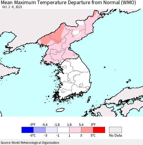 Korea Mean Maximum Temperature Departure from Normal (WMO) Thematic Map For 10/2/2023 - 10/8/2023