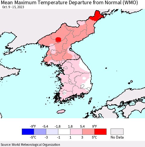 Korea Mean Maximum Temperature Departure from Normal (WMO) Thematic Map For 10/9/2023 - 10/15/2023