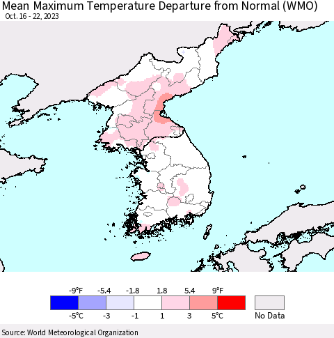 Korea Mean Maximum Temperature Departure from Normal (WMO) Thematic Map For 10/16/2023 - 10/22/2023