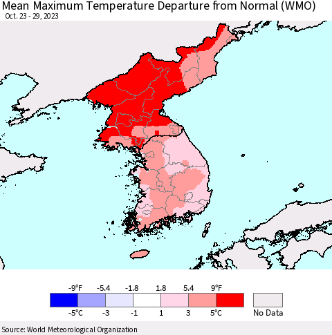 Korea Mean Maximum Temperature Departure from Normal (WMO) Thematic Map For 10/23/2023 - 10/29/2023
