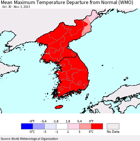 Korea Mean Maximum Temperature Departure from Normal (WMO) Thematic Map For 10/30/2023 - 11/5/2023