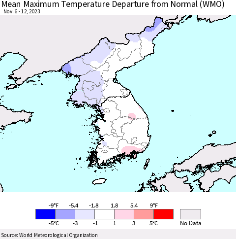 Korea Mean Maximum Temperature Departure from Normal (WMO) Thematic Map For 11/6/2023 - 11/12/2023