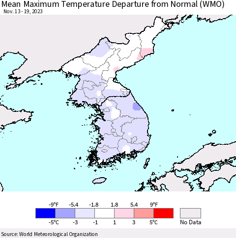 Korea Mean Maximum Temperature Departure from Normal (WMO) Thematic Map For 11/13/2023 - 11/19/2023